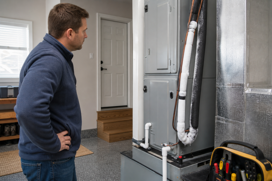 Homeowner inspecting an air conditioner with frost on the refrigerant line