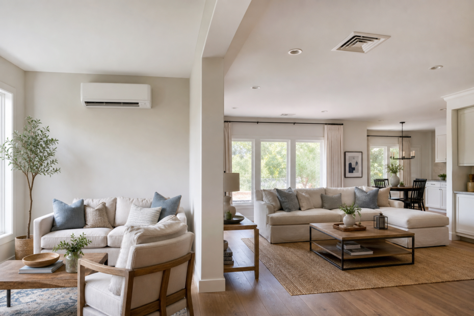 Interior of a home showing a ductless mini-split wall unit and central air vents for comparison