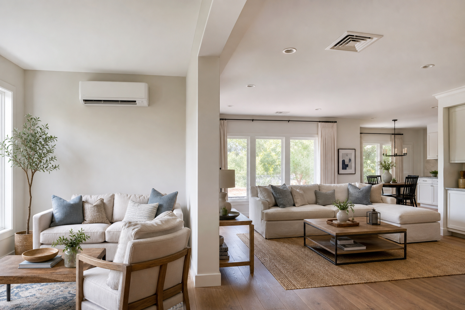 Interior of a home showing a ductless mini-split wall unit and central air vents for comparison