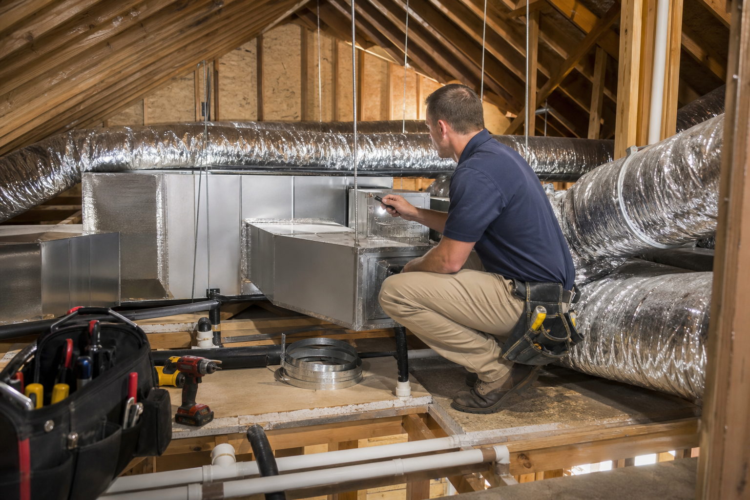 HVAC contractor inspecting attic ductwork during a system replacement
