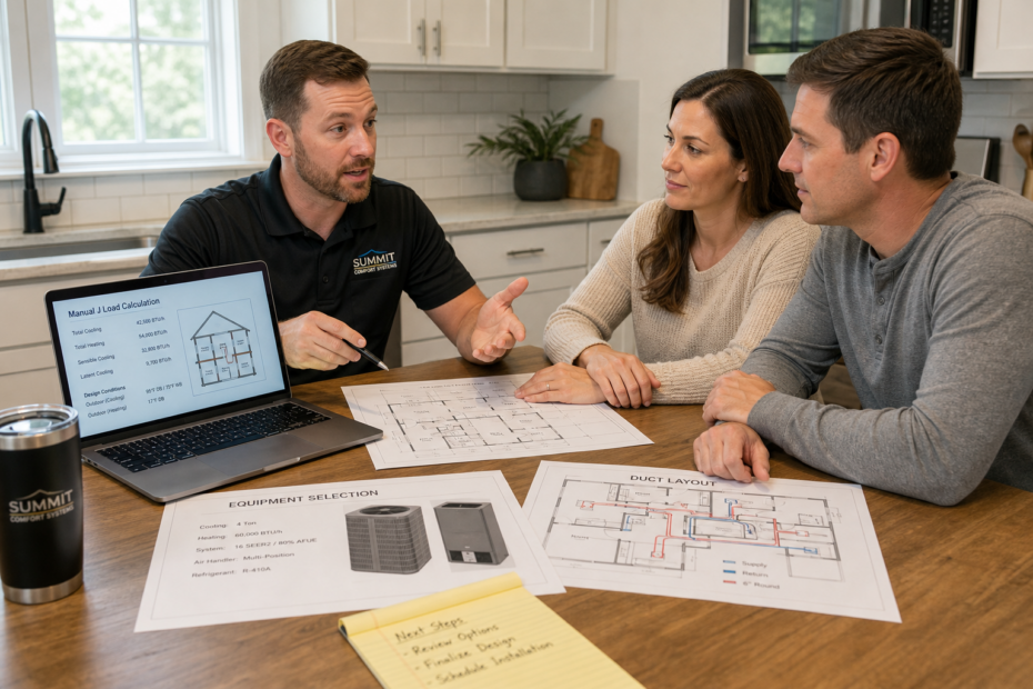 HVAC contractor explaining Manual J, Manual S, and Manual D to homeowners at a table