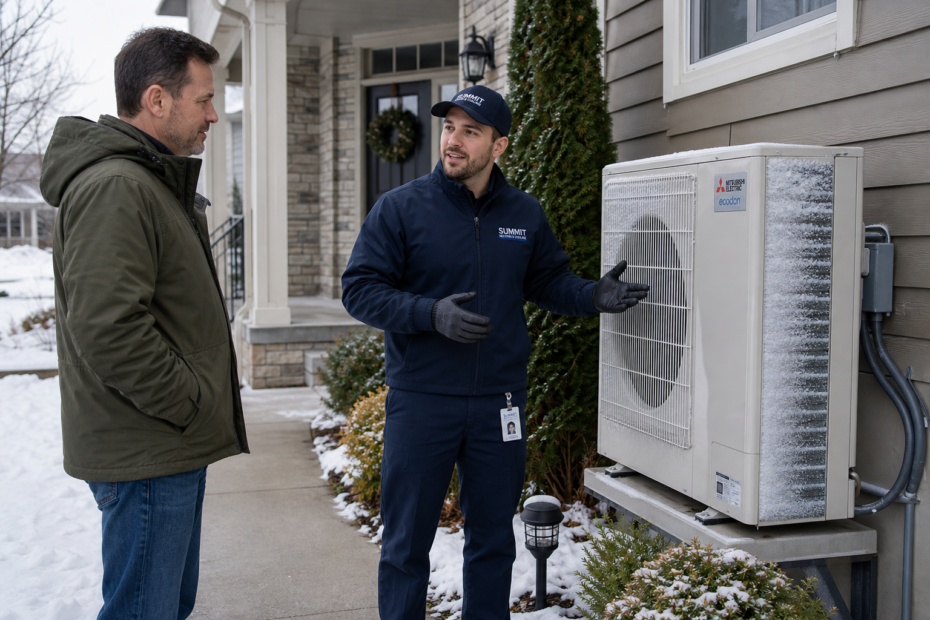 HVAC technician explaining heat pump defrost mode beside a frosted outdoor unit