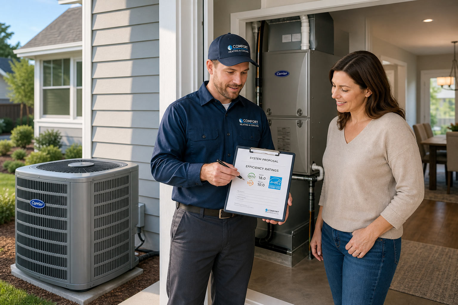 HVAC contractor explaining SEER2, EER2, and HSPF2 ratings to a homeowner during a system estimate