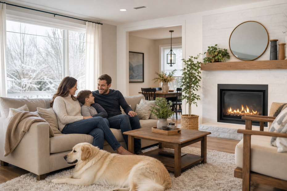 Comfortable winter living room in a home where indoor humidity and heating comfort are being evaluated