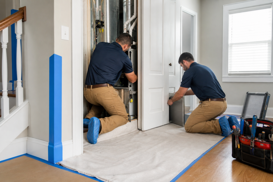 HVAC installers protecting floors and keeping a residential jobsite clean during an installation