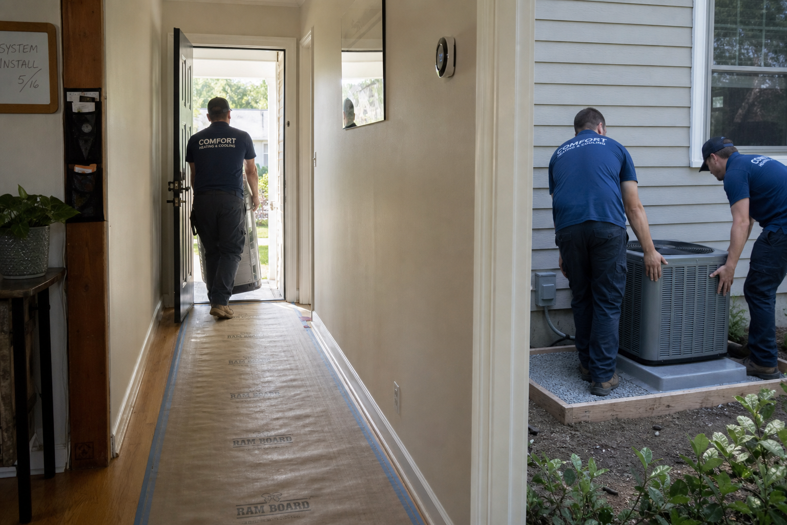 Technicians preparing for a residential HVAC installation with cleared access and floor protection in a home
