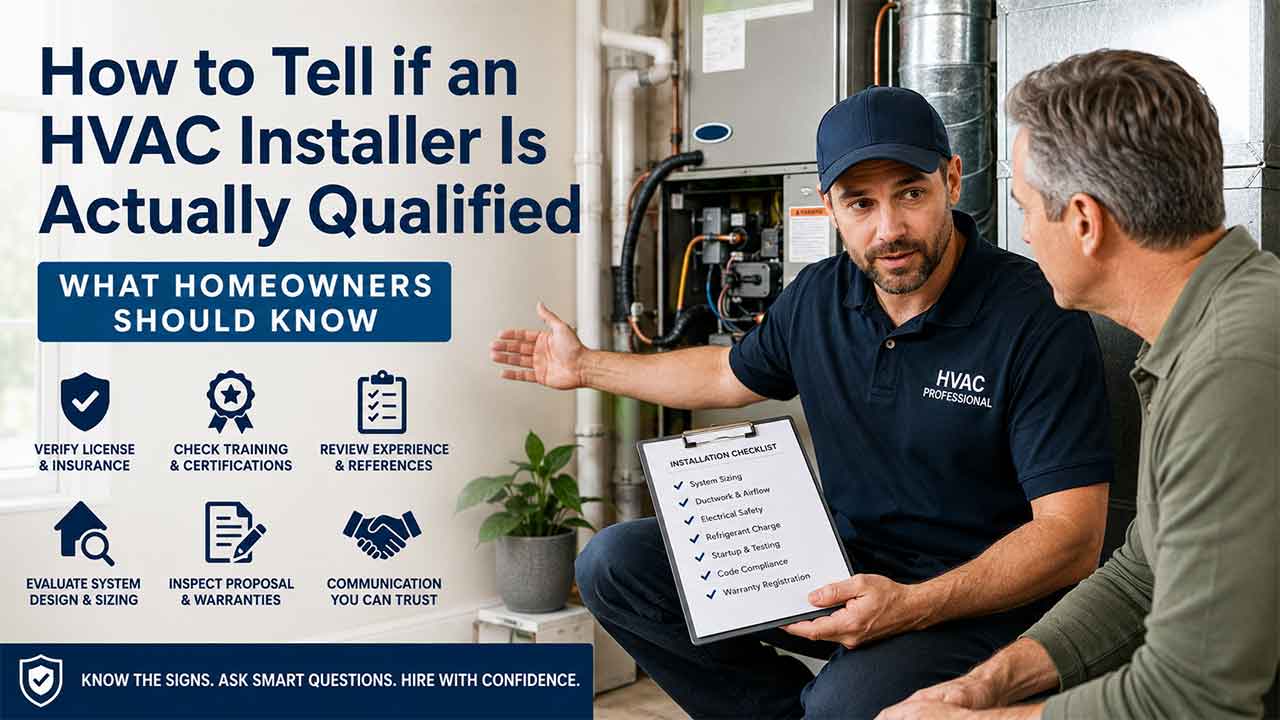 Qualified HVAC installer inspecting a residential heating and cooling system while speaking with a homeowner