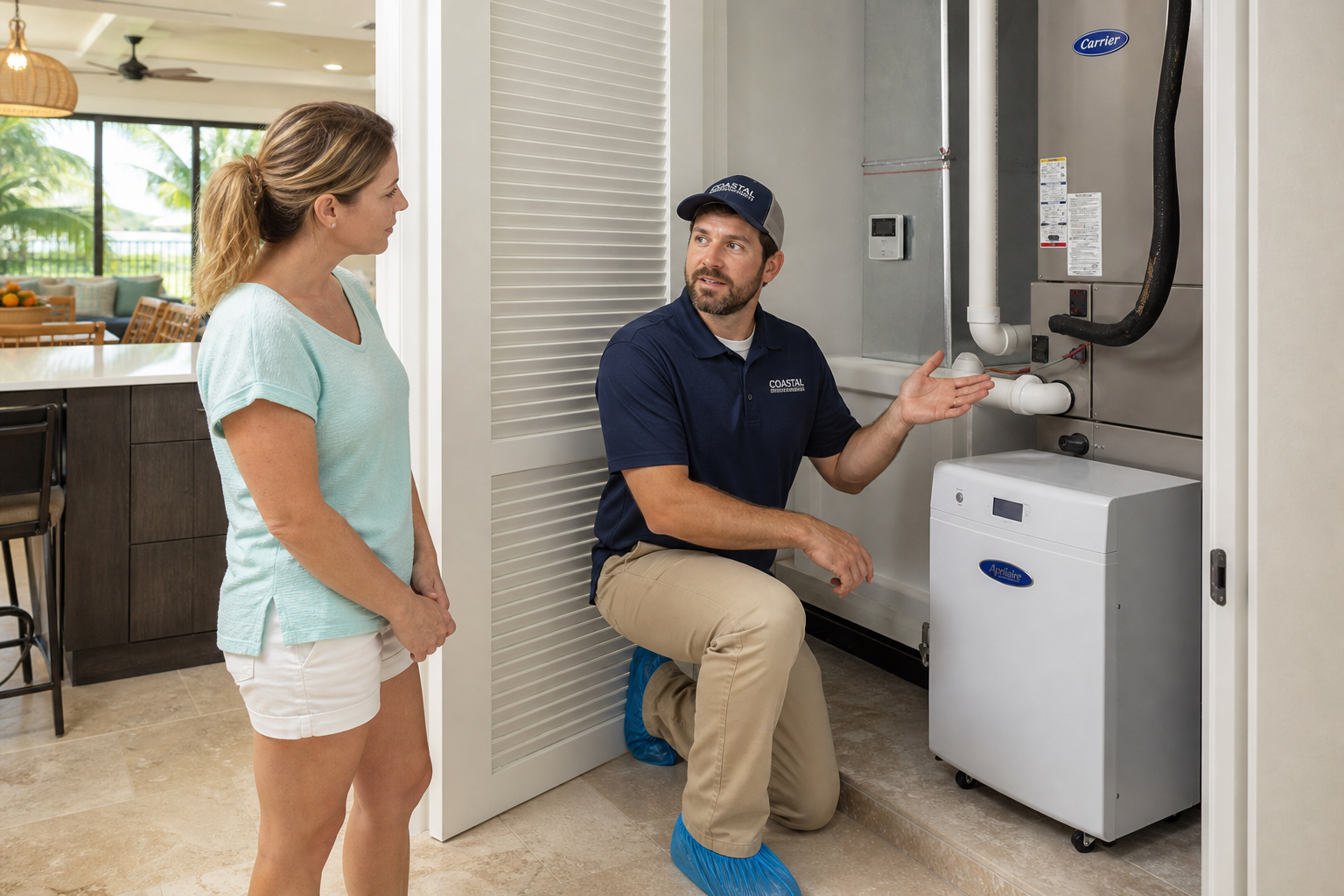 Homeowner reviewing a whole-home dehumidifier option with an HVAC professional in a humid house