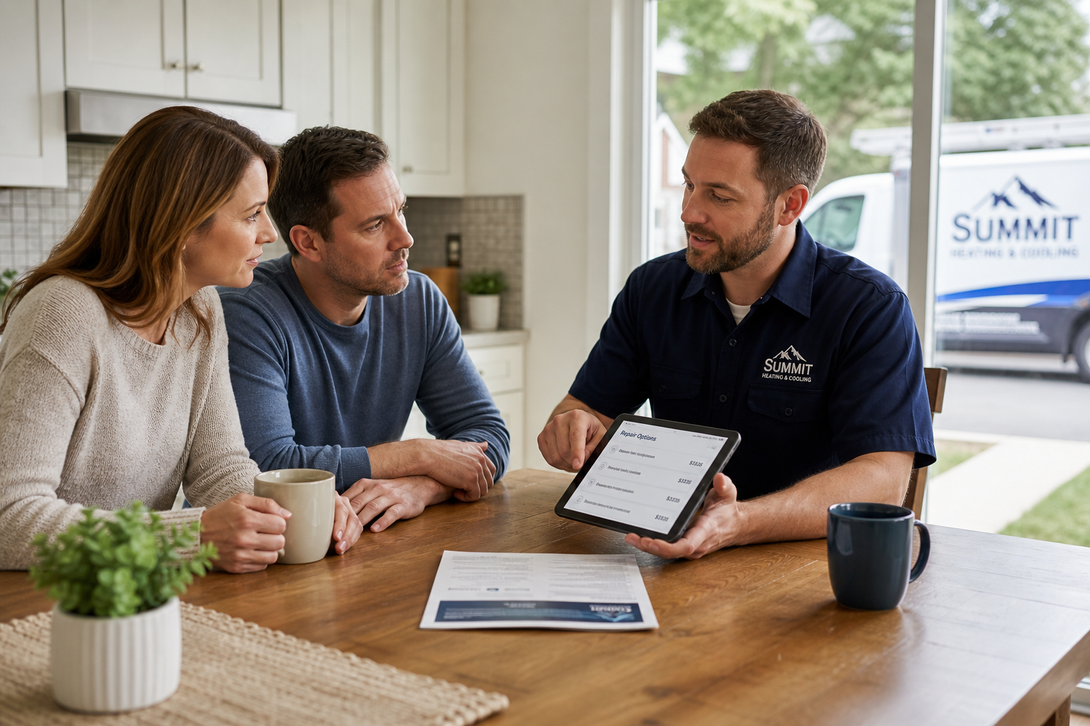 HVAC technician explaining repair options to homeowners at a kitchen table