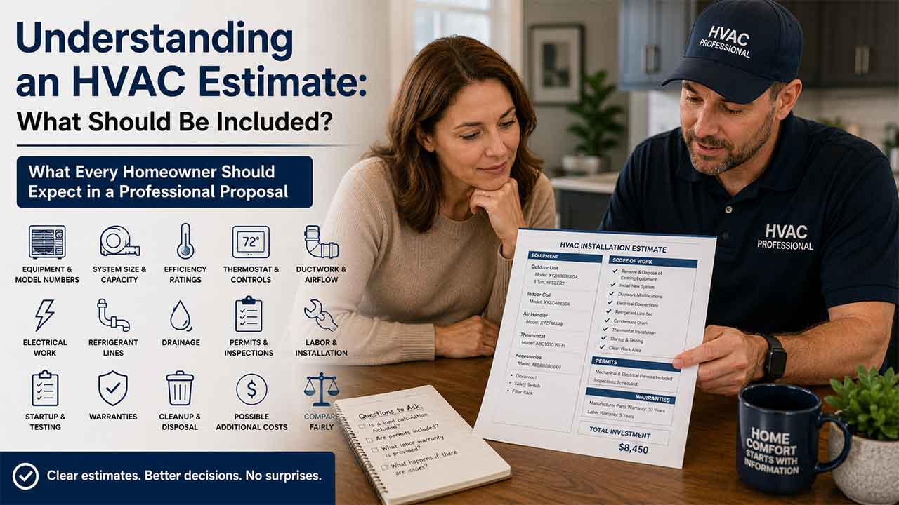 Homeowner reviewing a detailed HVAC installation estimate with a professional contractor