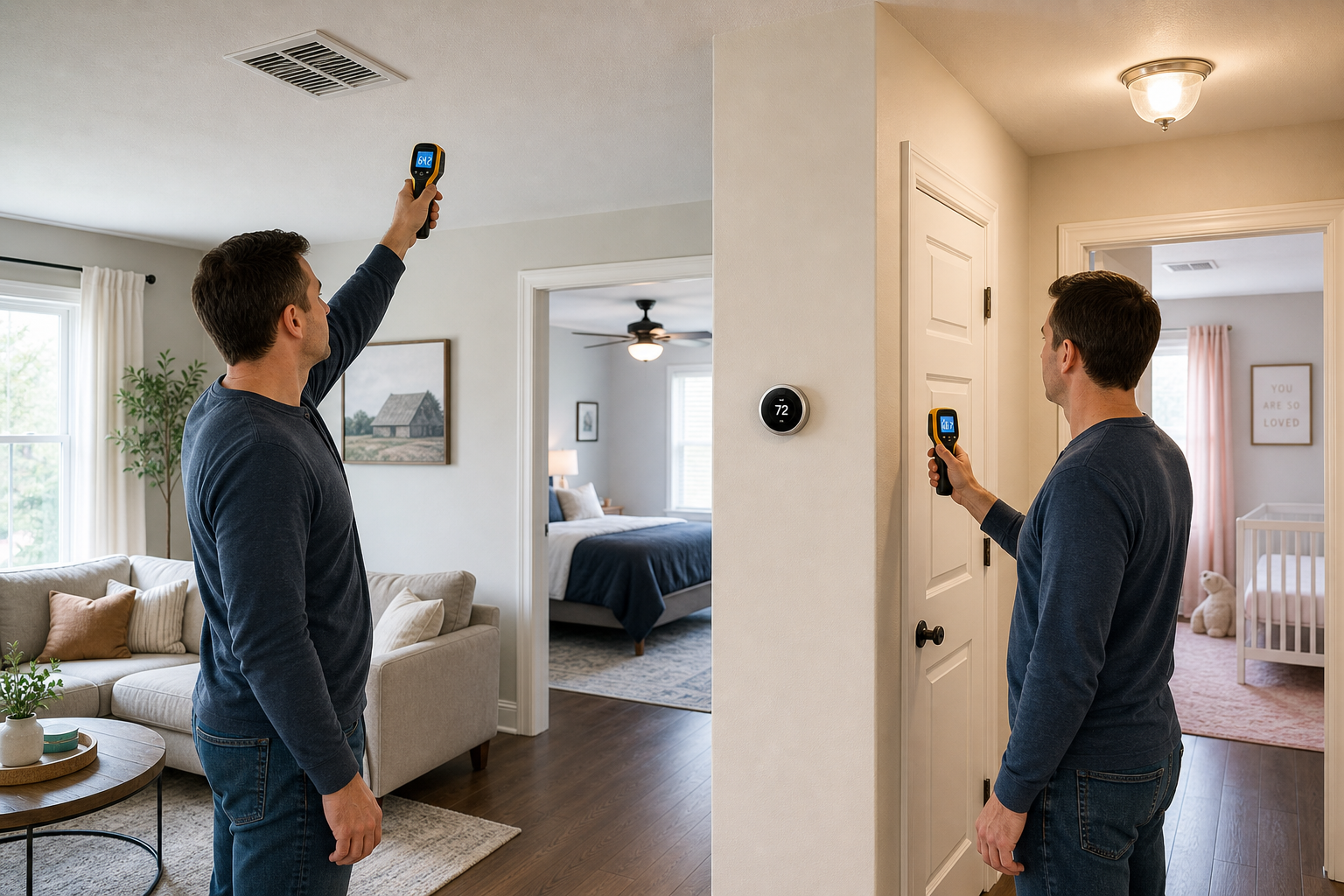 Homeowner checking uneven temperatures in different rooms of the house