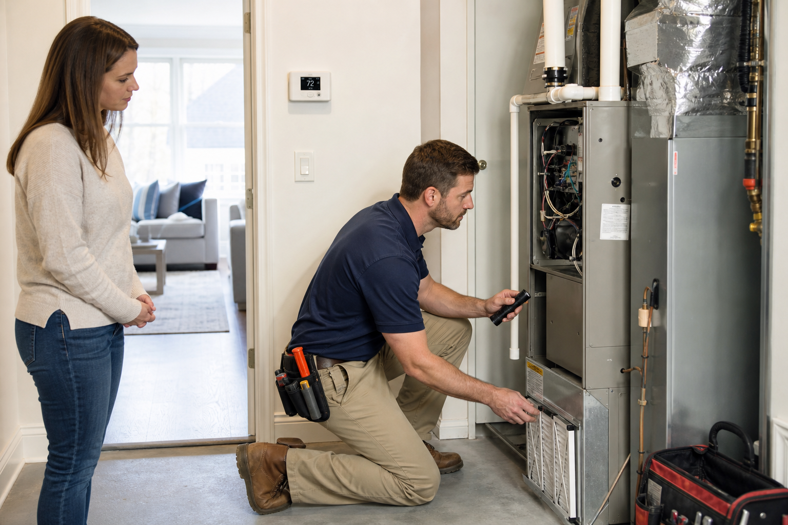 Technician performing an HVAC maintenance visit in a home utility area