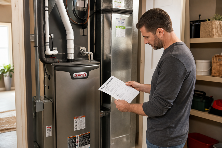 Homeowner standing near a residential furnace in a utility room while reviewing whether it should be replaced