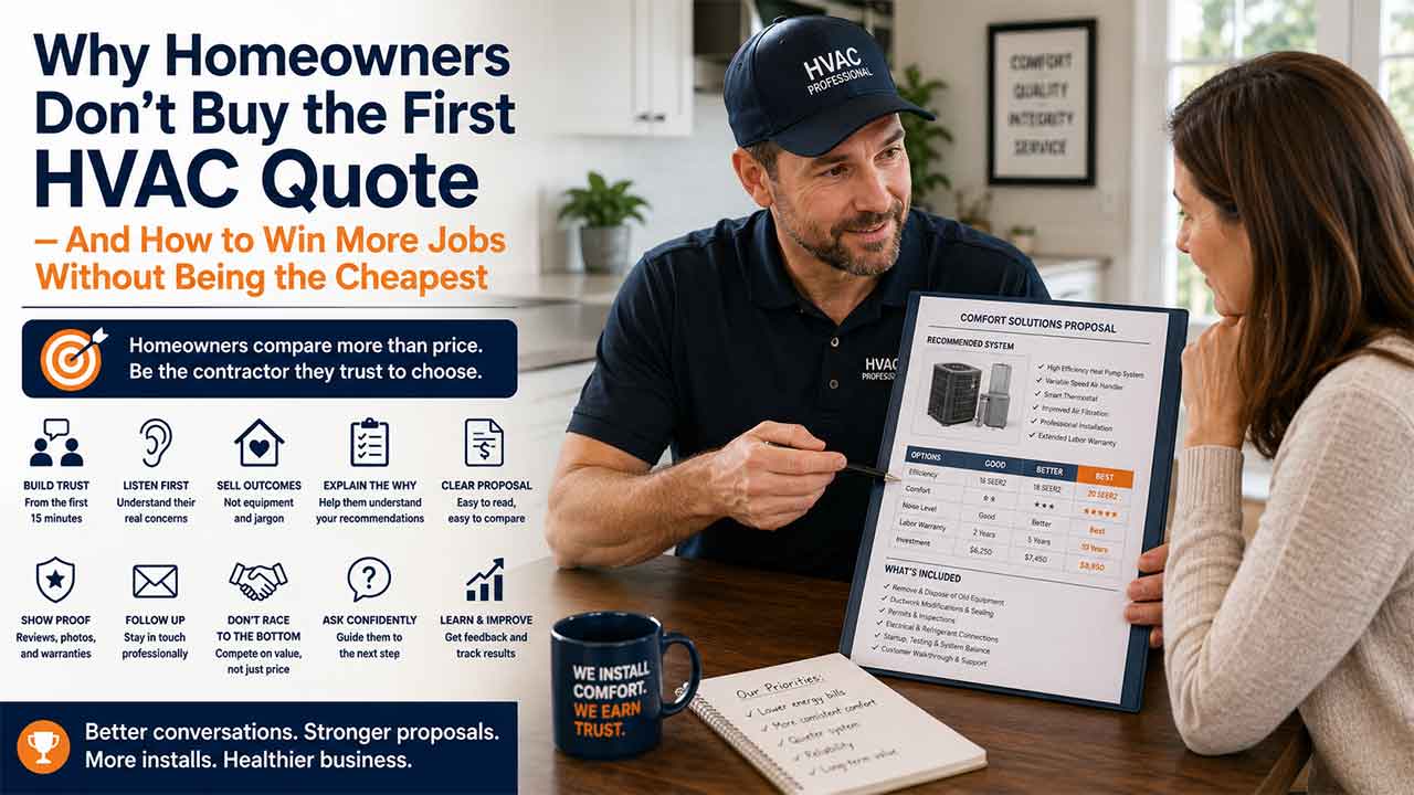 HVAC contractor presenting a clear installation proposal to a homeowner at a kitchen table