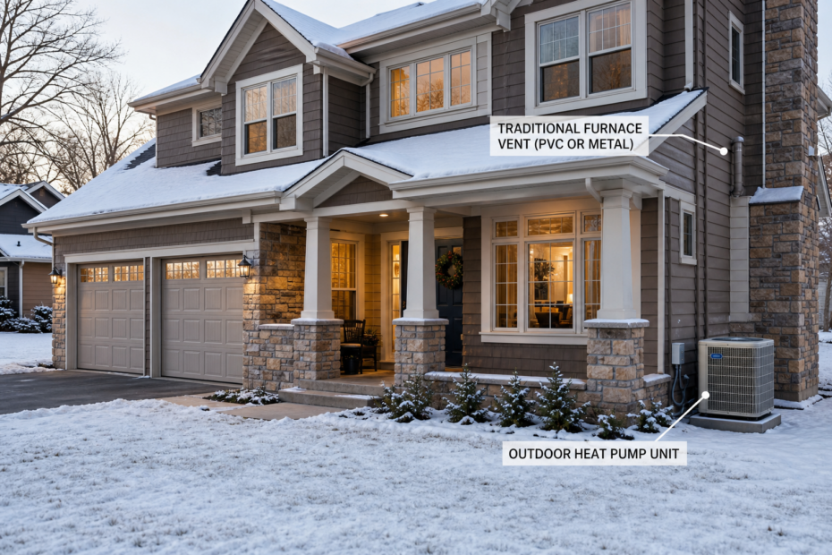 Winter home with heating equipment context for comparing a heat pump and furnace in cold climates