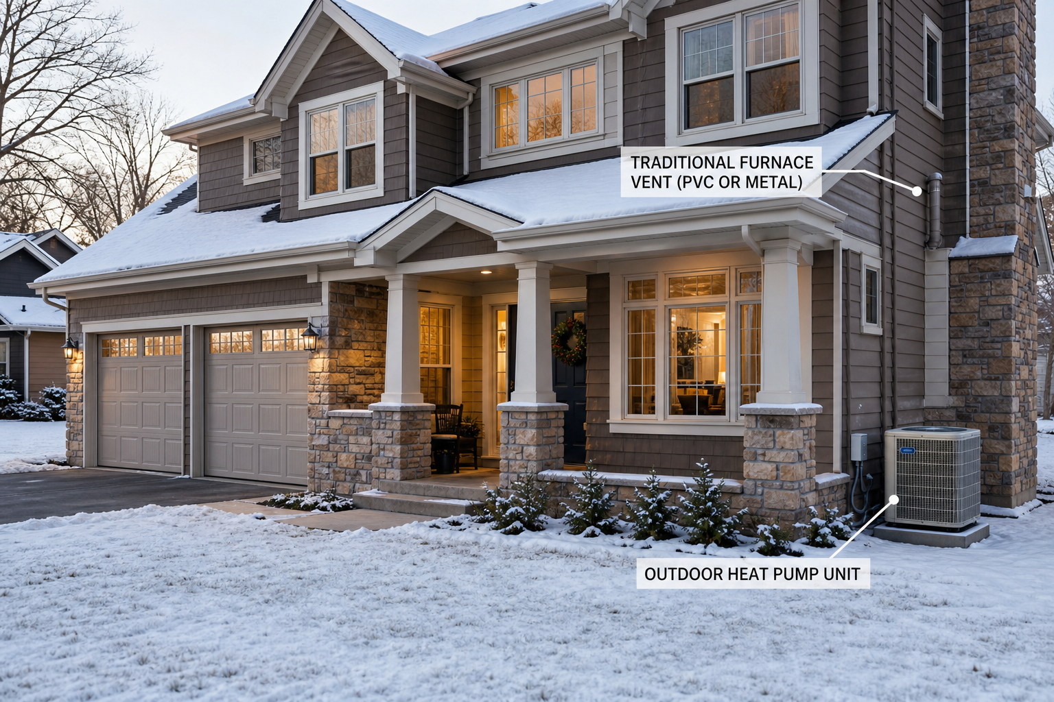 Winter home with heating equipment context for comparing a heat pump and furnace in cold climates