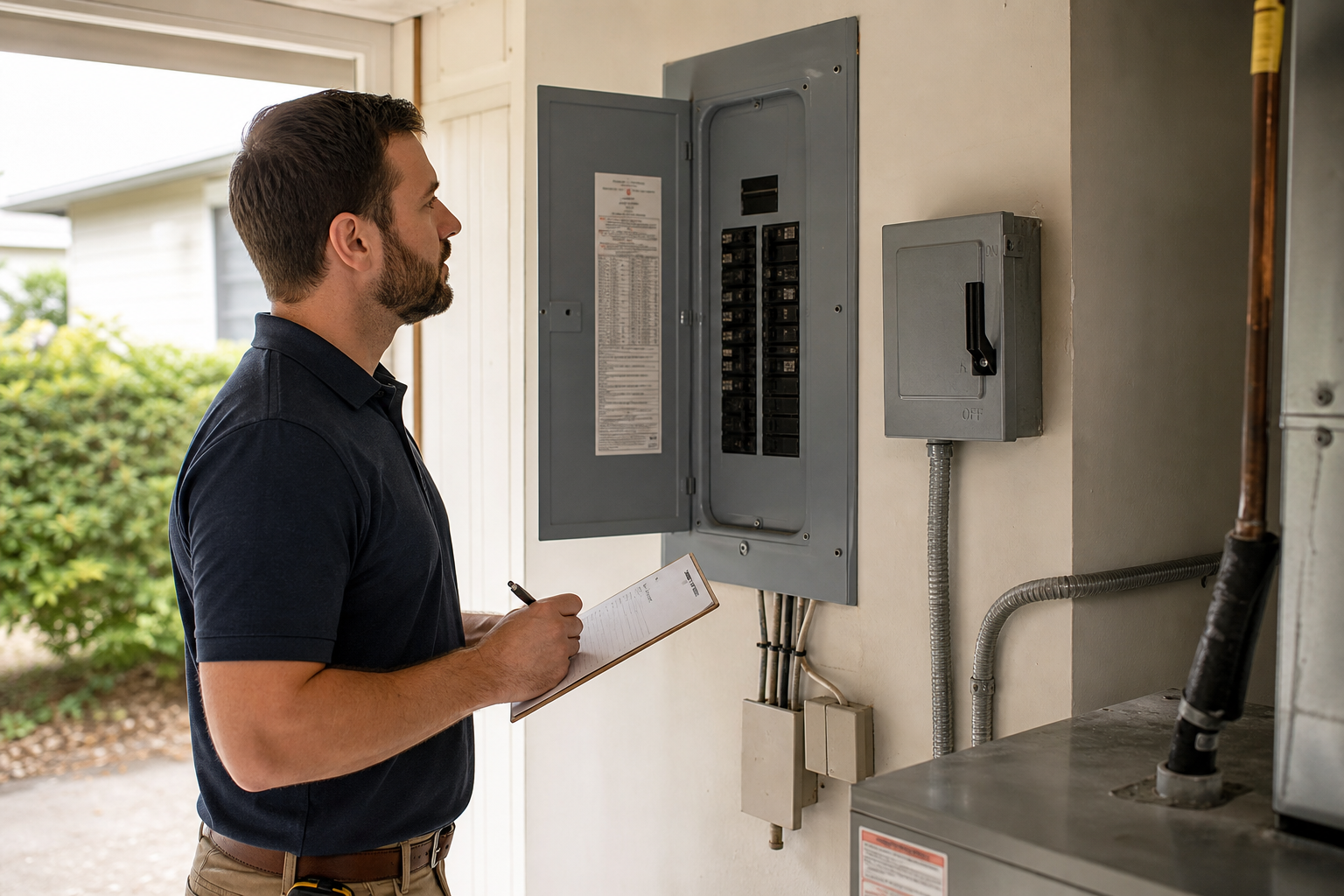 HVAC contractor inspecting an electrical panel during a replacement estimate