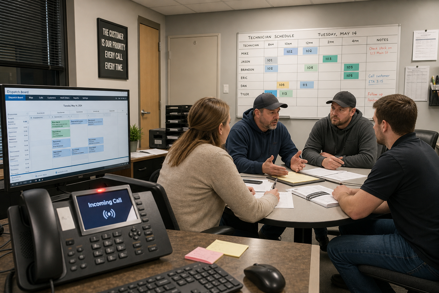 HVAC contractor office team reviewing a missed-call and after-hours response process