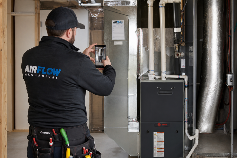 HVAC contractor photographing existing equipment and ductwork before starting a residential installation