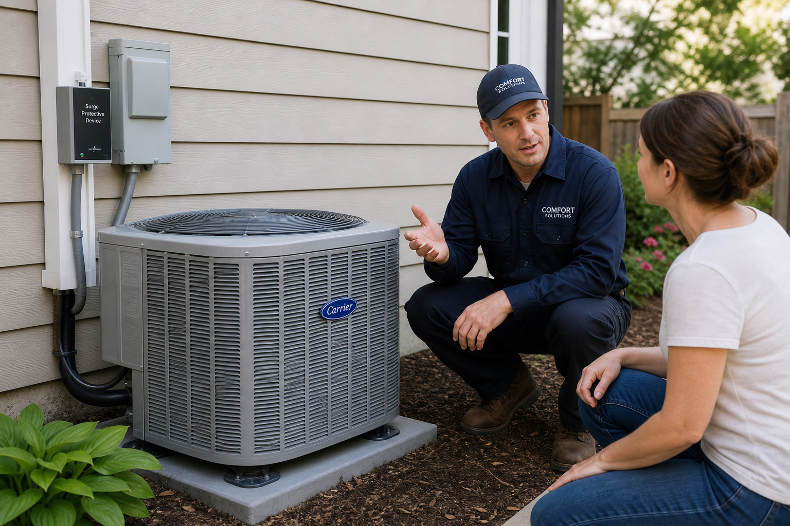 Outdoor AC and heat pump equipment with surge protection discussion at a home