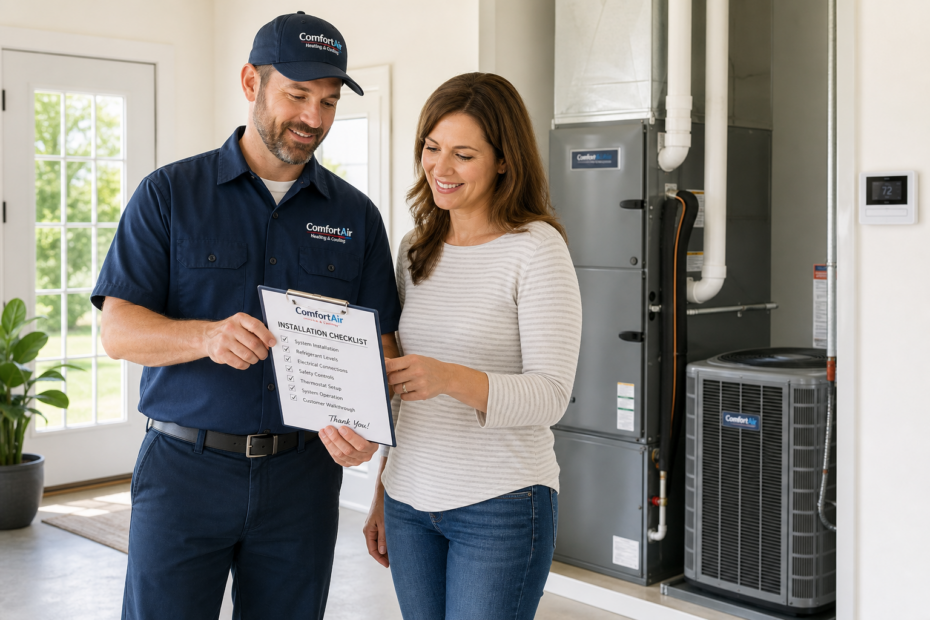 HVAC contractor reviewing a post-installation checklist with a homeowner after a completed system replacement