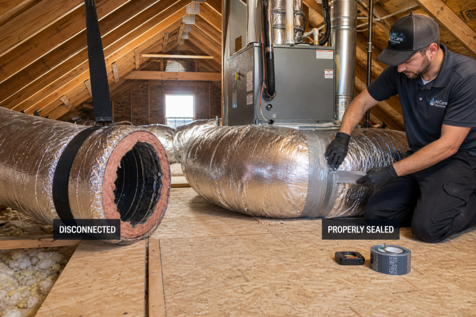 Technician inspecting and sealing residential HVAC ductwork in an attic
