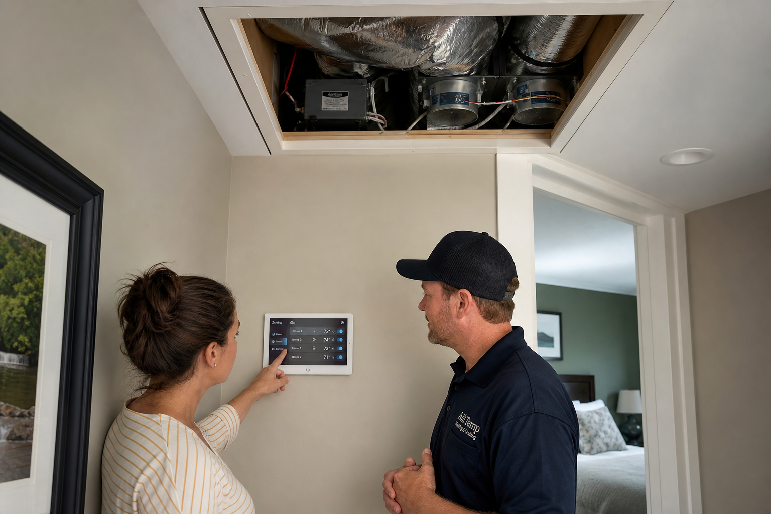 Homeowner reviewing HVAC zoning controls and duct dampers with a technician