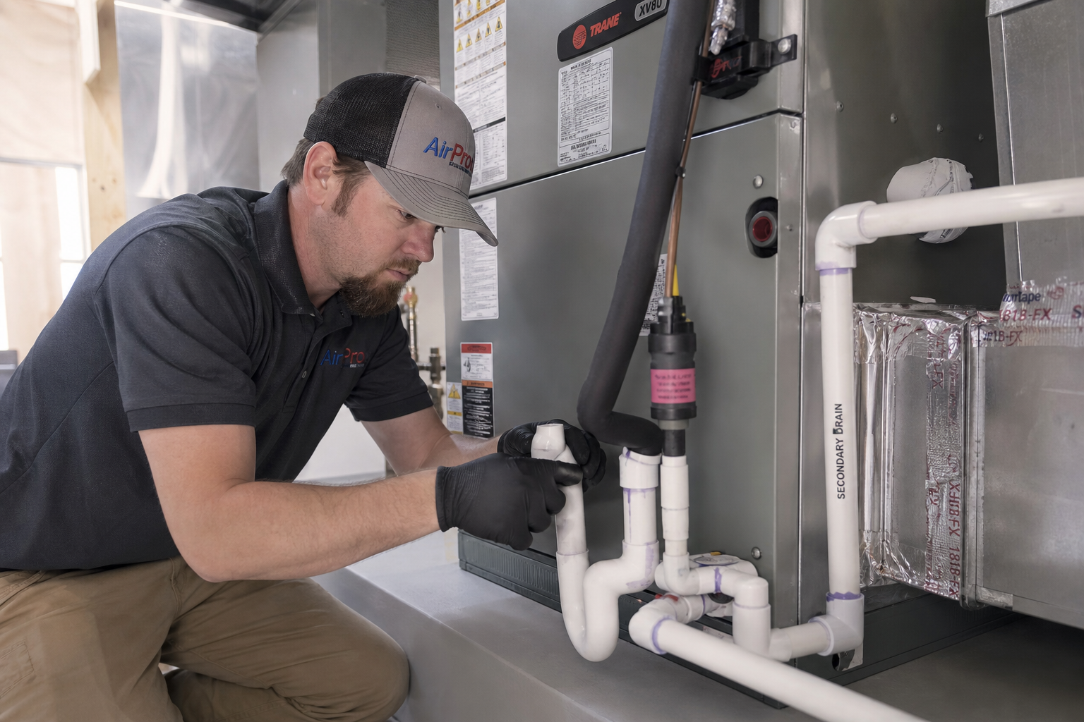HVAC installer standardizing condensate drain line installation at an indoor air handler