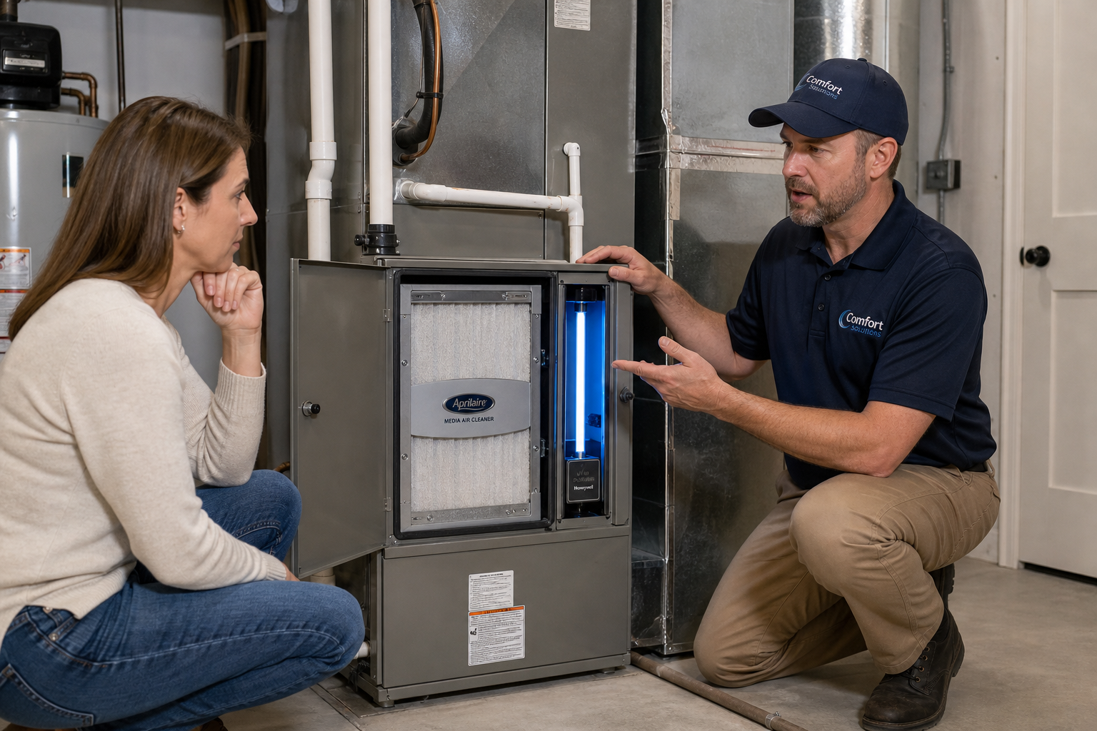 Technician showing a homeowner HVAC air cleaner and UV light options near a home heating and cooling system