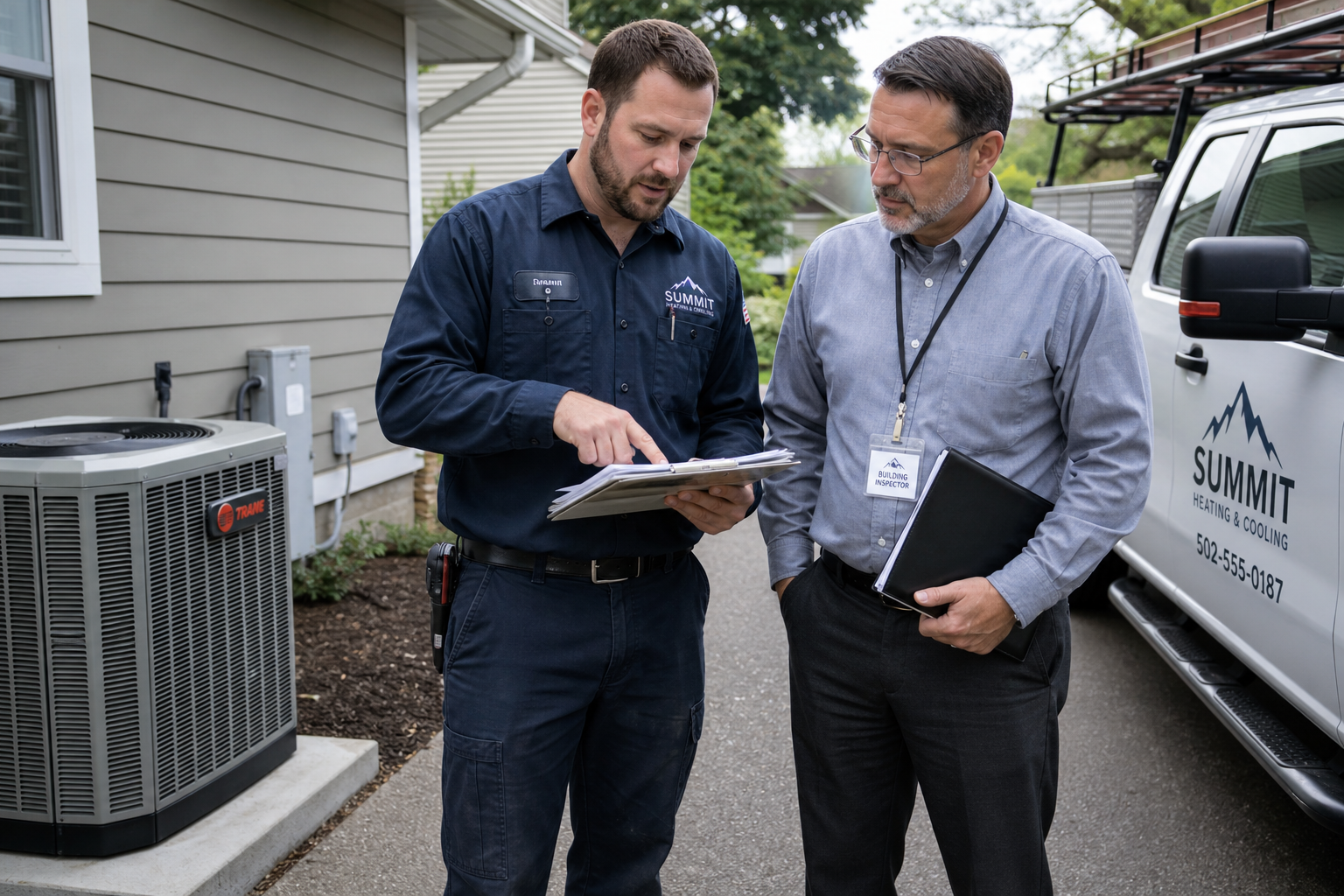 HVAC contractor reviewing permit and inspection paperwork at a residential installation jobsite