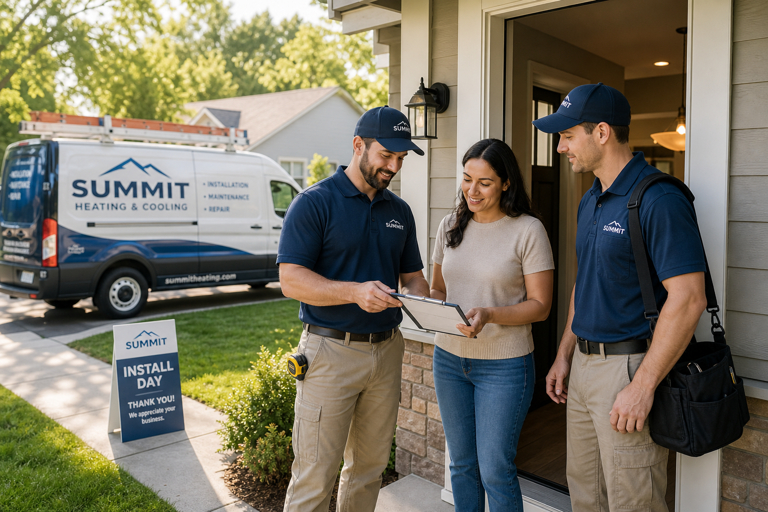 HVAC installation team reviewing install-day expectations with a homeowner before starting work