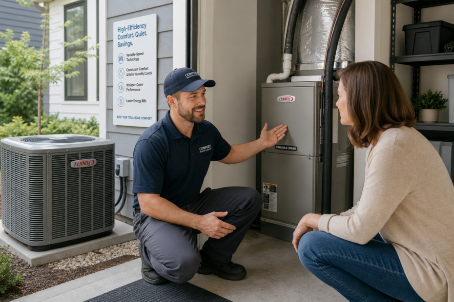 Homeowner reviewing a variable-speed HVAC system with an installer