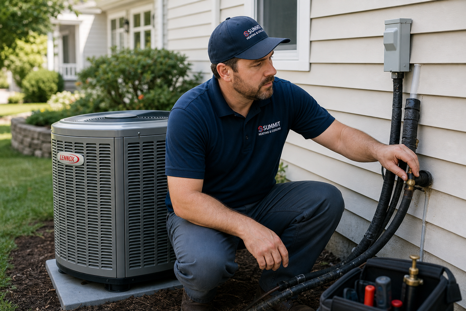 HVAC technician inspecting refrigerant lines during an AC or heat pump replacement