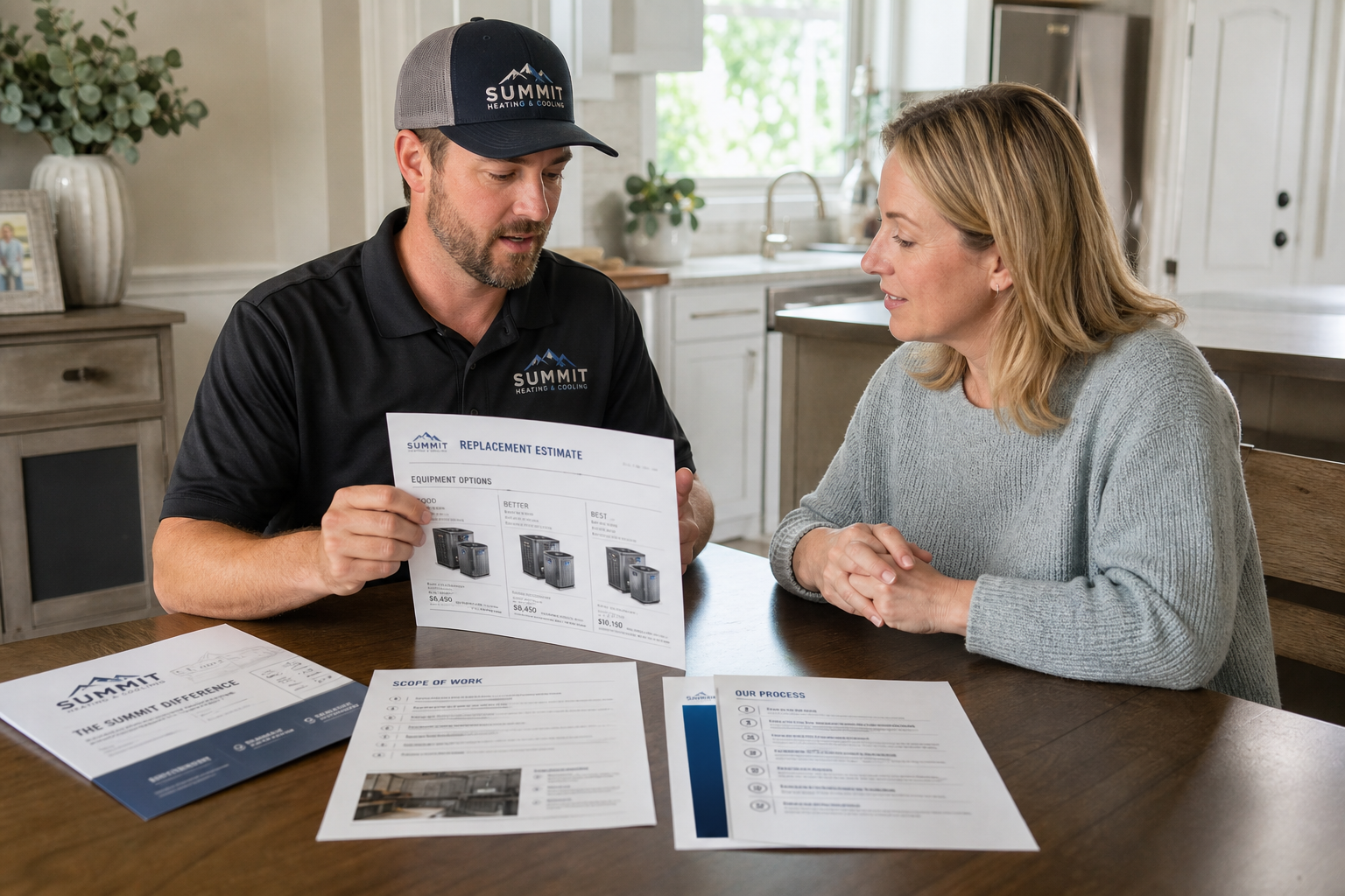 HVAC contractor reviewing a replacement estimate leave-behind packet with a homeowner